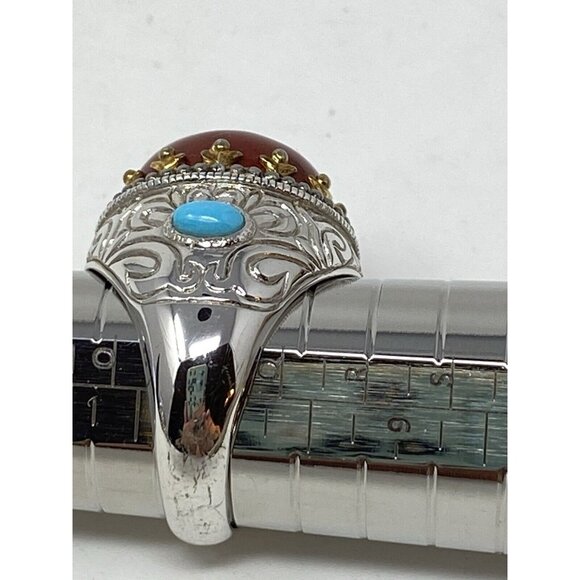 Sterling Silver 925 Brown Amber Stone Dome Ring Size 8 Turquoise Embellishment - Picture 8 of 8